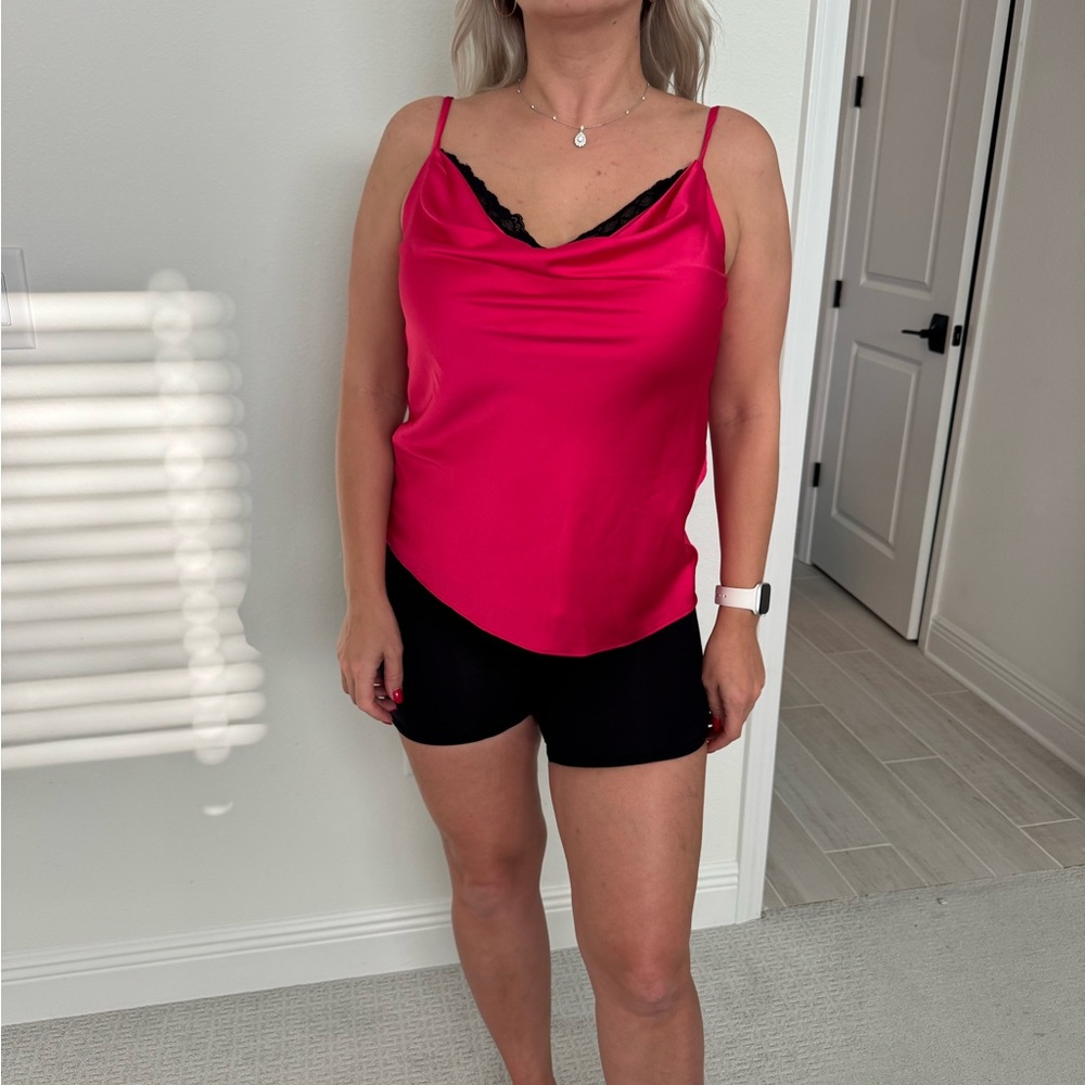 White House Black Market Fuchsia Satin Cami with Black Lace